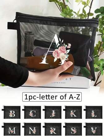 1 个黑色网袋，字母印花 A-Z 透明网状化妆品收纳袋，多功能旅行便携包，化妆包，学生文具包，网眼拉链袋，旅行化妆品收纳袋，简易配件收纳，适用于宿舍收纳、旅行、出差、游泳、居家收纳化妆包化妆品收纳盒化妆品收纳袋化妆袋