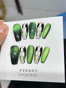 1 Pair (10pcs) Luxury Snake Head Cat Eye Effect Nail Art With Hand-Painted Gold Lines And Green Gradient Colors, Reusable And Handmade, Suitable For Dinner Parties And Events, For Fashionable Girls - Multicolor - View 2