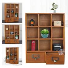 ONEUTRALON Organizador de escritorio de madera vintage, estantería de exhibición con 9 cubos y 2 cajones, estantería de almacenamiento para decoración de escritorio de oficina en el hogar, color marrón - Marrón - Ver 3