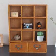 ONEUTRALON Organizador de escritorio de madera vintage, estantería de exhibición con 9 cubos y 2 cajones, estantería de almacenamiento para decoración de escritorio de oficina en el hogar, color marrón - Marrón - Ver 8