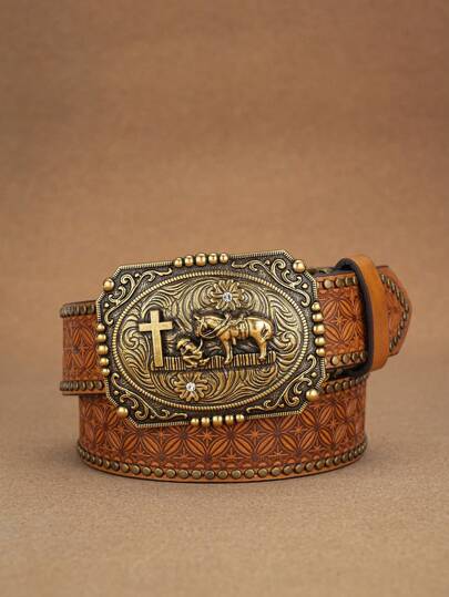 1 pieza Cinturón de hombre estilo vaquero occidental bohemio de PU con relieve y remaches, casual y retro adecuado para salidas y eventos diarios (incluye perforador de agujeros)