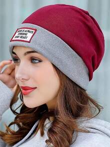 1pc Women's Dual-Tone Plush Knit Beanie Hat With Embroidered English Logo, Warm And Fashionable, Suitable For Daily Wear - Multicolor - View 16