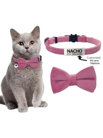 1pc Personalized Detachable Pet Bow Tie, Velvet Cat Collar With Bowknot And Bell, Customizable With Pet Name, Contact Information, Address, Etc. Engraved Anti-Lost Pet ID Tag, Suitable For Small And Medium-Sized Cats. Ornamental,Engraved,Stainless Stylish,Fashion,Colorful,Vintage,Cute,Contracted,Cuties Custom,Unique,Customized,Personalized Pet For Anniversaries,For Birthdays,Vacay Vibes,Pet Supplies,Customized Pet Collars, Leashes & Harnesses,Christmas Gift Supplies