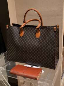 时尚印花多功能旅行购物手提包，超大容量复古手提包，复古手提包/单肩包，女士通勤时尚手提包/钱包，背包，书包，返校必备，女士手提包，复古风格单肩包 - 咖啡棕 - 查看 4