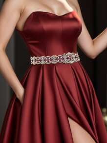 1 Piece Red Gemstone Crystal Wedding Belt, Wedding Luxury Rhinestone Handmade Women's Sash, Prom Burgundy Dress Waist Decoration - Red Ribbon - View 2