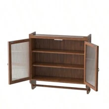 24.8"Glass Door Vintage Double Door Wall Cabinet With Three Tiers Of Storage With Towel Rack, For Bathroom, Kitchen,Dining Room,Brown