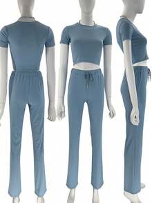 Conjuntos De 2 Piezas Para Mujer Crop Top De Canalé Pantalones Palazzo De Manga Corta Lounge Set Navidad Ropa Mujer - Azul - Ver 6