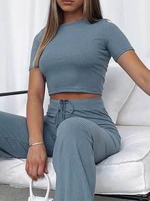 Conjuntos De 2 Piezas Para Mujer Crop Top De Canalé Pantalones Palazzo De Manga Corta Lounge Set Navidad Ropa Mujer - Azul - Ver 5