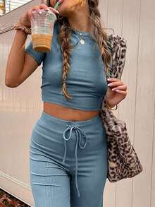 Conjuntos De 2 Piezas Para Mujer Crop Top De Canalé Pantalones Palazzo De Manga Corta Lounge Set Navidad Ropa Mujer - Azul - Ver 4