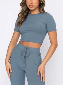 Conjuntos De 2 Piezas Para Mujer Crop Top De Canalé Pantalones Palazzo De Manga Corta Lounge Set Navidad Ropa Mujer - Azul - Ver 2