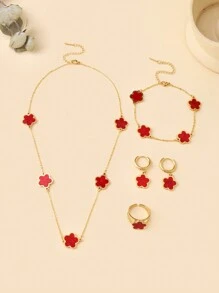 Ensemble de 5 pièces Collier, bracelet, boucles d'oreilles et bague ajustable pour femme - Style européen et américain - Vintage - Plaqué or 18 carats - Acier de titane - Cinq pétales de fleurs en résine colorée - Cadeau de luxe et polyvalent pour les filles - Parfait pour les vacances à la plage ou les fêtes d'anniversaire - Ensemble de couleurs de fleurs à cinq pétales - Voir 4