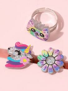 Set Cincin Anak-Anak Motif Unicorn & Pelangi Tie-Dye 6 Buah yang Dapat Diatur Ukurannya, Cincin Kartun Hewan & Bunga Berkilau, Hadiah Perhiasan Putri Manis - MultiWarna - View 5