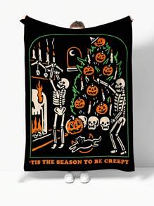 1pc Cartoon Halloween Pumpkin Skeleton Pattern Coral Fleece Blanket Home Textile, All-Season