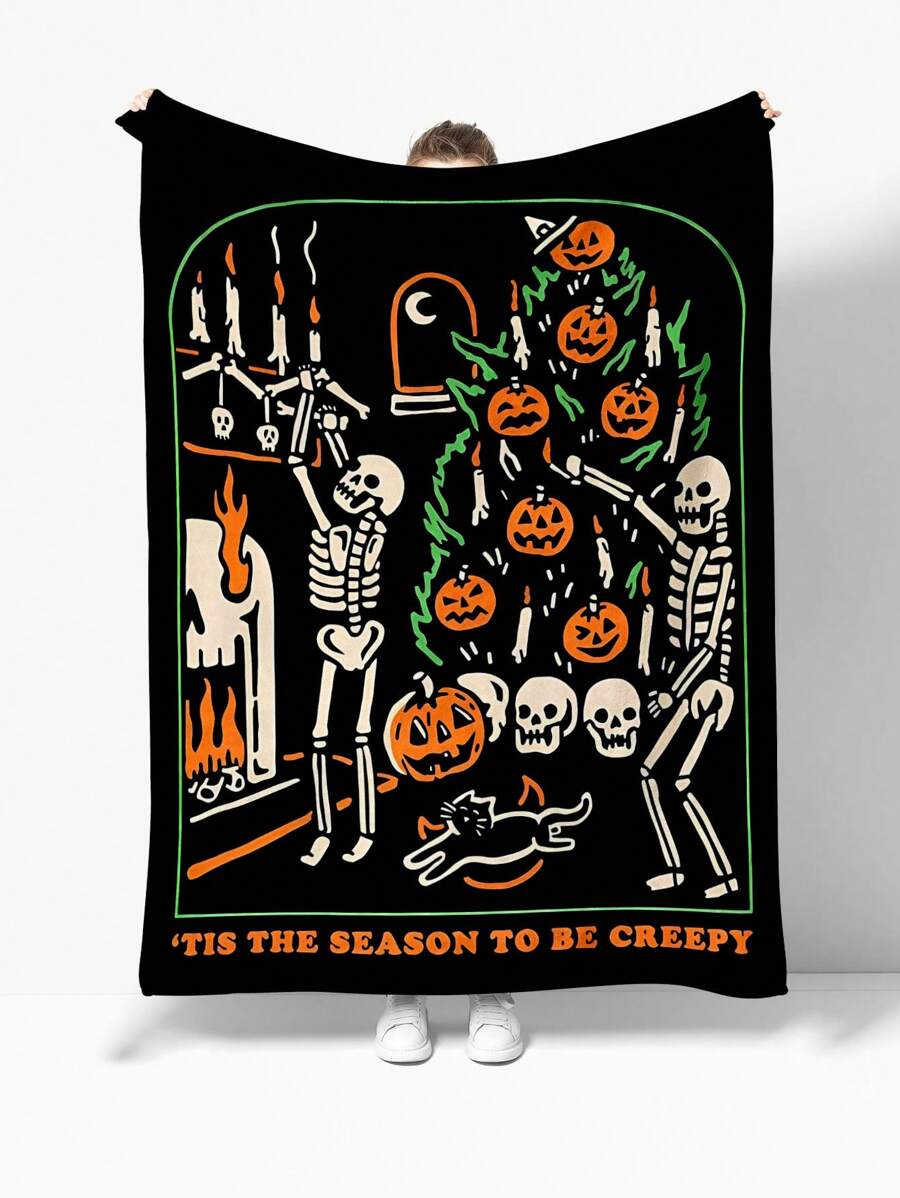 1pc Cartoon Halloween Pumpkin Skeleton Pattern Coral Fleece Blanket Home Textile, All-Season