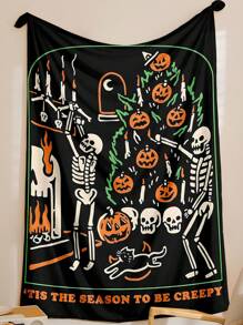 1pc Cartoon Halloween Pumpkin Skeleton Pattern Coral Fleece Blanket Home Textile, All-Season
