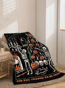 1pc Cartoon Halloween Pumpkin Skeleton Pattern Coral Fleece Blanket Home Textile, All-Season
