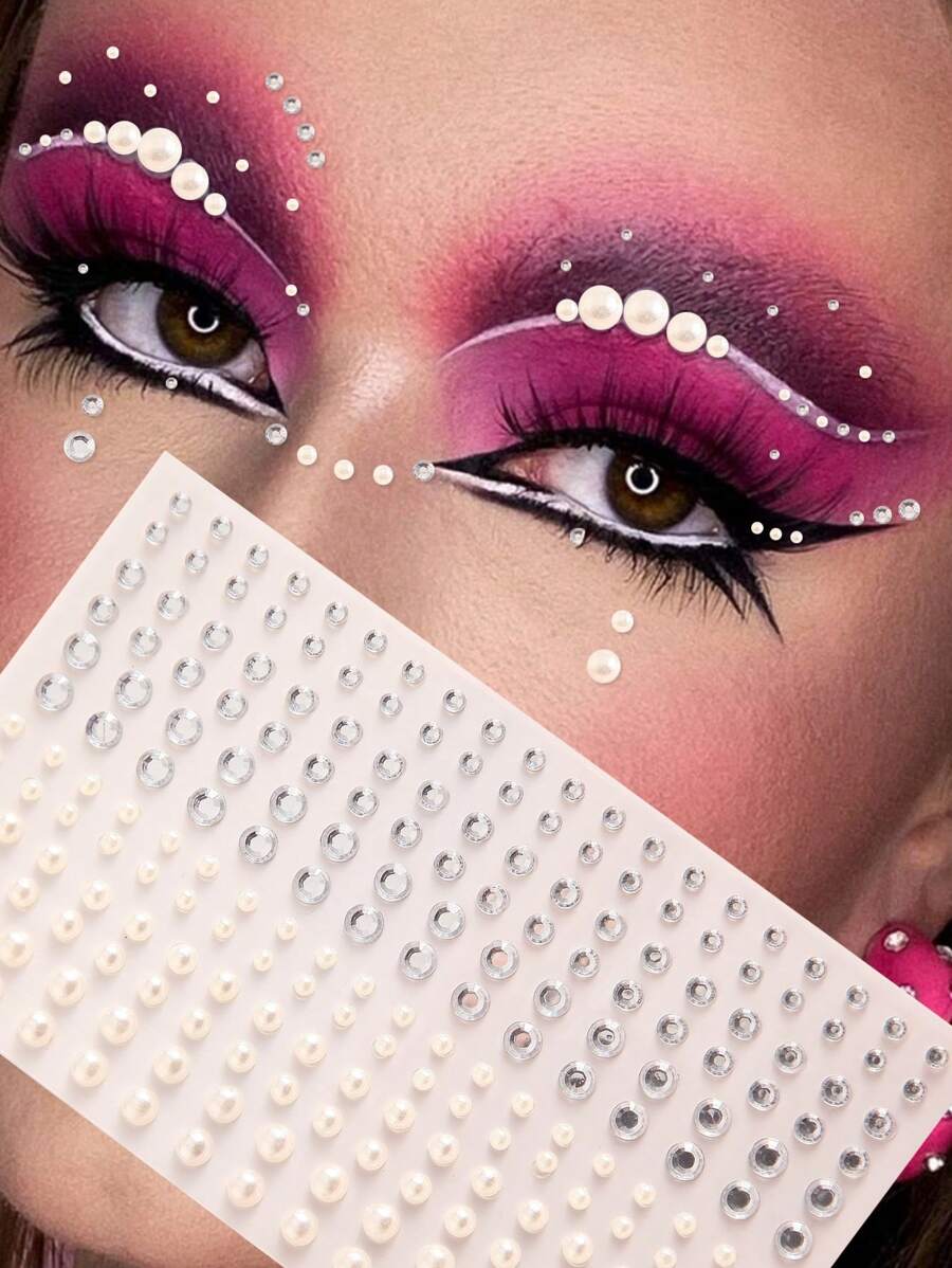 Party Joy 1pc Silver-White Multi-Pearl & Rhinestone 3D Faux Gemstone Face Jewelry Sticker, DIY Makeup & Party Decor - Multicolor - View 1