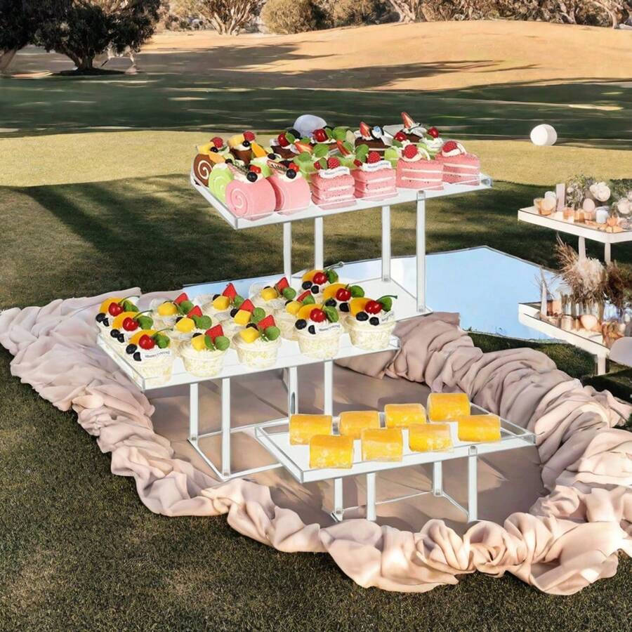 1 Set Aufgerüstetes Dessert-Präsentationsregal-Kit, 3 mm klare rechteckige Acrylablage für Cupcakes, Gebäck & Süßigkeiten Selbstbedienungstheke - Verbesserte Version transparent - Übersicht 1
