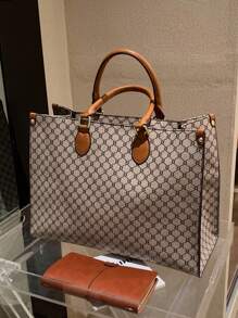 时尚印花多功能旅行购物手提包，超大容量复古手提包，复古手提包/单肩包，女士时尚通勤手提包，背包，书包，开学第一天完美之选，适合所有季节，秋冬季 - 卡其色 - 查看 5