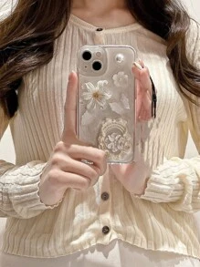 Shockproof Flower Element Fashion Phone Case Junk Phone Case 3D Flower Faux Pearl & Gemstones Phone Case Compatible With IPhone 14 Compatible With Apple 13 Pro Max/12/11 Transparent Soft Dropproof Cover Unique Creative Design Suitable For INS Goddesses Women Of Elegance Waterproof Shockproof Anti-Fall Scratch Resistant Spring Mom Gift Party - White - View 3