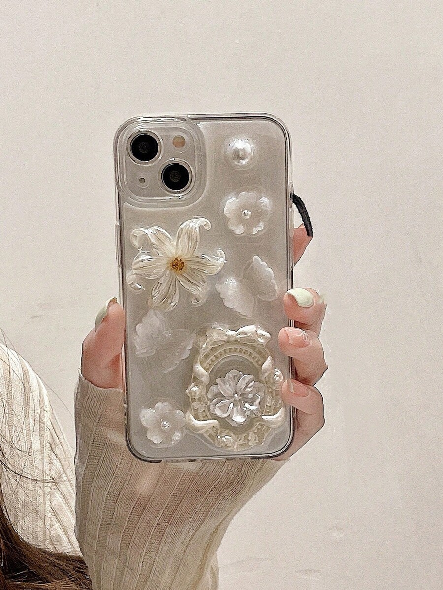 Shockproof Flower Element Fashion Phone Case Junk Phone Case 3D Flower Faux Pearl & Gemstones Phone Case Compatible With IPhone 14 Compatible With Apple 13 Pro Max/12/11 Transparent Soft Dropproof Cover Unique Creative Design Suitable For INS Goddesses Women Of Elegance Waterproof Shockproof Anti-Fall Scratch Resistant Spring Mom Gift Party