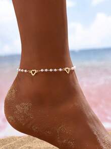 1入流行簡約海灘風格愛心和幾何形狀珍珠鑲嵌精緻足飾，適用於女性休閒日常穿搭