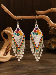 1 对度假波西米亚风格六朵小花玻璃珠手工编织串珠女士时尚吊坠流苏串珠耳环适合日常佩戴和节日礼物情人节