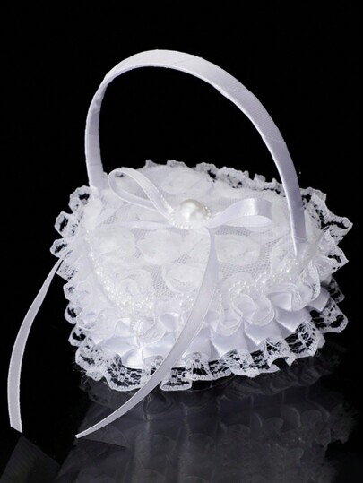 1pc Wedding Ring Pillow, Mini Flower Girl Hand Held Heart Shaped Ring Pillow, Pearl Lace Bow Ring Box Jewelry Box, Engagement Ring Holder, Proposal Ring Display (Ring Not Included)