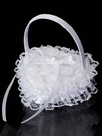 1 件结婚戒指枕头、迷你花童手持心形戒指枕头、珍珠蕾丝蝴蝶结戒指盒首饰盒、订婚戒指架、求婚戒指展示架（不含戒指）