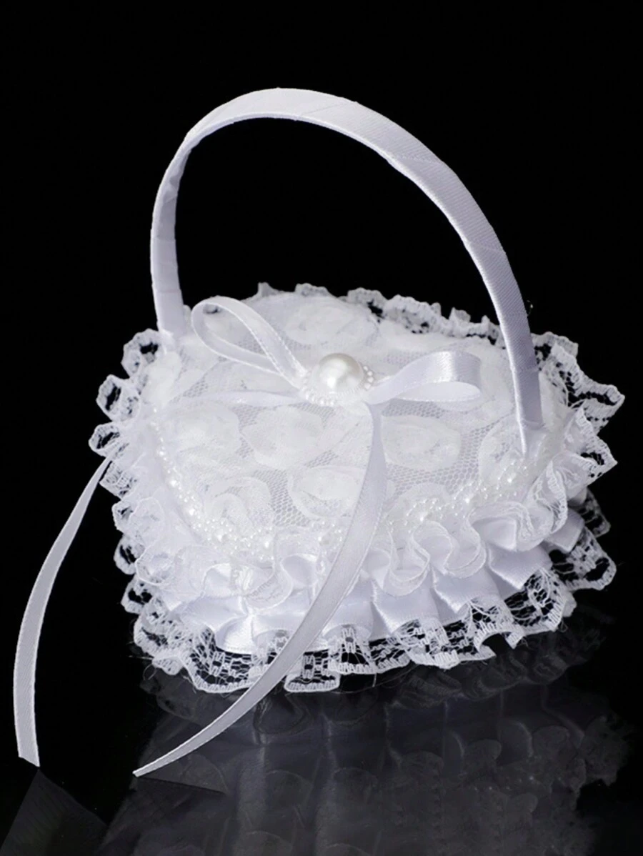 1 件结婚戒指枕头、迷你花童手持心形戒指枕头、珍珠蕾丝蝴蝶结戒指盒首饰盒、订婚戒指架、求婚戒指展示架（不含戒指）