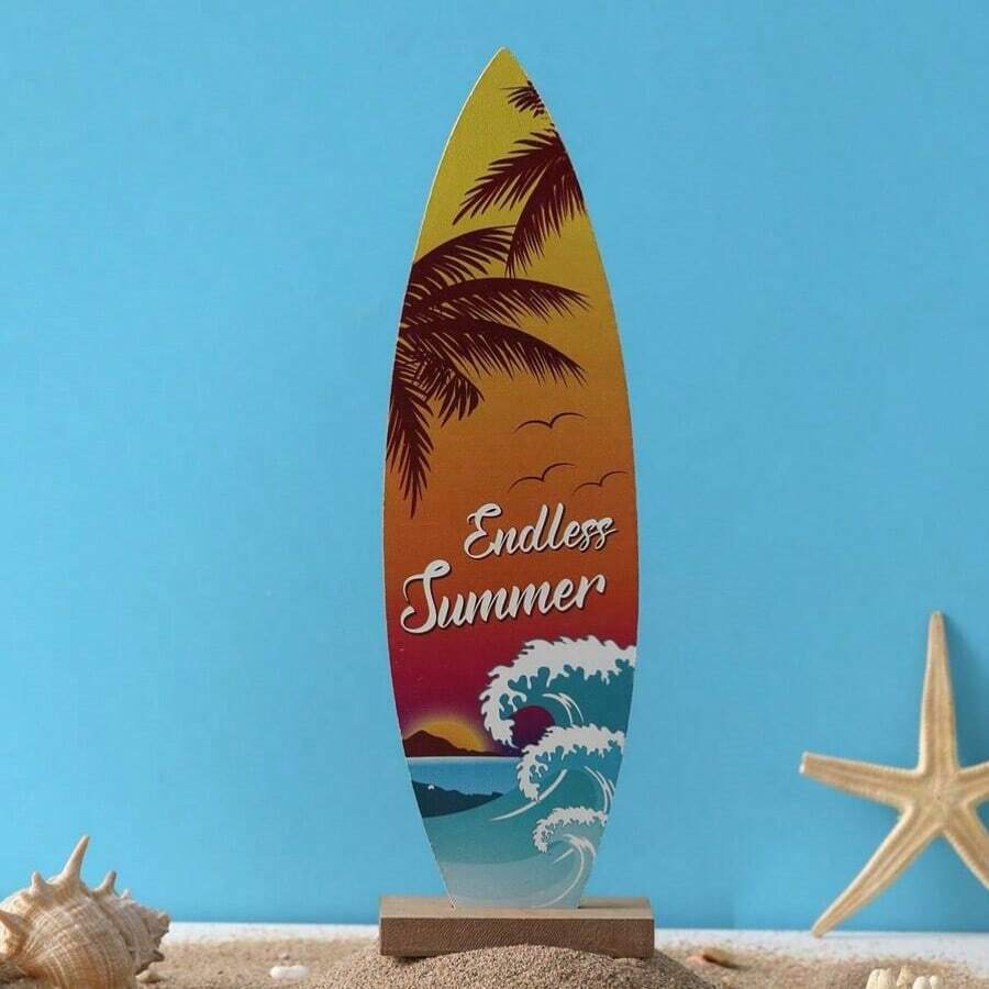 1入夏季衝浪板裝飾品，帶有海風INS印花的木製衝浪板裝飾品，適用於沙灘酒吧桌牌、沙灘主題裝飾的木製手工藝節慶裝飾、桌上裝飾和夏季木質紀念品 - 彩色 - 查看 1