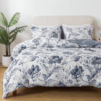 BedTreat Floral Duvet Cover Set Queen Size,3pcs Reversible Pattern-Solid Design Bedding Set,1 Duvet Cover With Zipper Closure & 8 Ties And 2 Pillow Shams,Soft(No Comforter)
