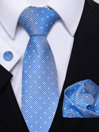 AlanKing 1set Tie, Handkerchief And Cufflinks Men's 8cm Polka Dot Necktie Set, Suitable For Festival, Wedding And Work CasualMen Necktie