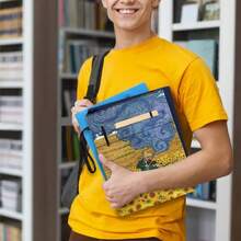 1 pieza Funda de libro para estudiante con pintura al óleo e impresión de Girasol, regalo para amante de los libros, bolsa de almacenamiento de libros universal para estudiantes universitarios, resistente a la suciedad - Dorado - Ver 6