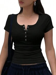 Camiseta de Manga Corta para Mujer, Cuello Redondo Ribbed, Casual y Sexy, Transpirable para Verano - Negro - Ver 2