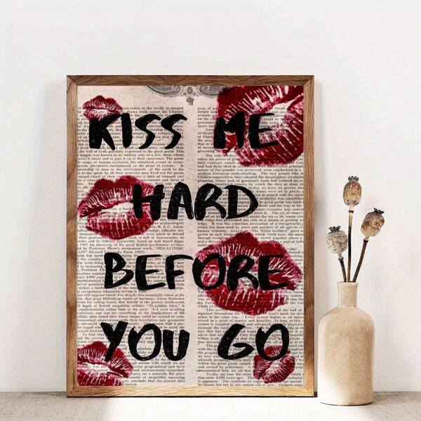 Leinwand Kunst Muster ohne Rahmen - "Hard Before You Leave" romantischer Zitat Poster mit Retro-Zeitungs-Lippen Hintergrund - Art Deco Modern minimalistischer Stil - Ideal für die Dekoration von Zuhause-Office, Schlafzimmer-, Wohnzimmer-, Esszimmer- und Gemälden - Ink Art Medium auf Leinwand - Horizontalausrichtung - Rahmenlose Wandkunst, ideal für Paare, Freunde - Stilvolle romantische Geschenkideen