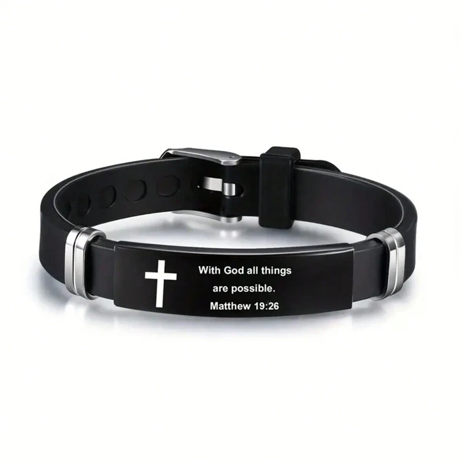 suteyi 1pc Stainless Steel Bible Bracelet With Adjustable Black Strap, Ideal Gift For Men