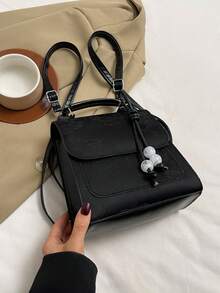 時尚植物花紋休閒簡約大容量手提包/肩背包/零錢背包，適用於女性，隨機印花位置 - 黑色 - 查看 4