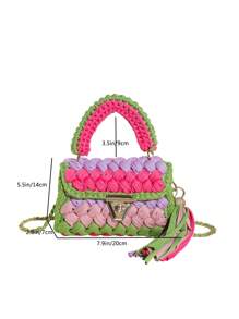 Mini Colorblock Crossbody Bag, Crochet Shoulder Bag, Women's Fashion Handbag & Purse - Green - View 6