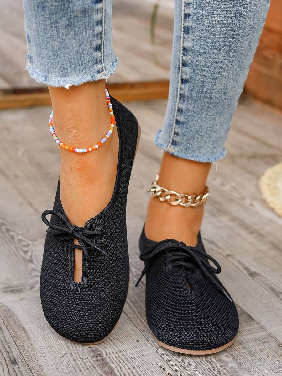 2024 Novo Cross-Border Plus Size Respirável Malha Princesa Lenço Flat Fechado Biqueira Confortável Elegante Sapatos Femininos, Versátil Produto Durante Todo o Ano - Preto - Ver 1