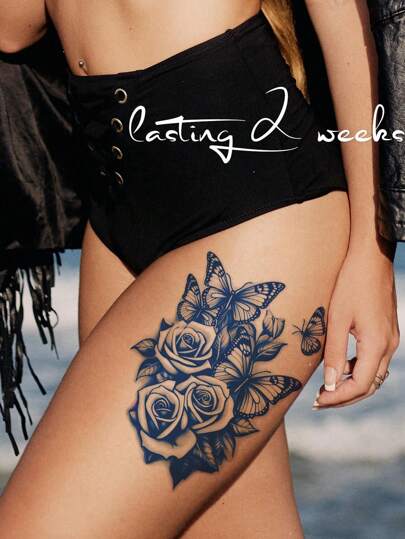 CAT QUEEN ART 蝴蝶與花卉Y2K靈感設計的草本汁半永久紋身貼紙，可持續7-14天，不退色和不反光，適用於手臂、胸部、腹部和背部等大範圍使用，1張