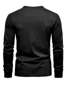 1 peça Camisa Polo Masculina Confortável e Respirável Esportiva Sem Gola Cor Sólida Tamanho Grande Manga Longa Solta Camiseta de Botão Camisola com Capuz - Preto - Ver 2