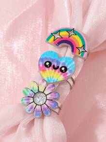 Set Cincin Anak-Anak Motif Unicorn & Pelangi Tie-Dye 6 Buah yang Dapat Diatur Ukurannya, Cincin Kartun Hewan & Bunga Berkilau, Hadiah Perhiasan Putri Manis - MultiWarna - View 4