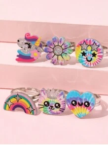 Set Cincin Anak-Anak Motif Unicorn & Pelangi Tie-Dye 6 Buah yang Dapat Diatur Ukurannya, Cincin Kartun Hewan & Bunga Berkilau, Hadiah Perhiasan Putri Manis - MultiWarna - View 3