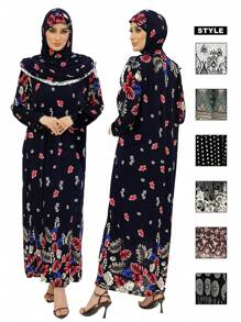 端莊的穆斯林長袍和長袍，適合女性穿著 |迪拜和摩洛哥風格的帶頭巾 |適合禮拜、家庭和戶外活動的穆斯林祈禱衣和朝覲必備品，休閒風格 - 頭巾+連身裙合體 - 查看 1