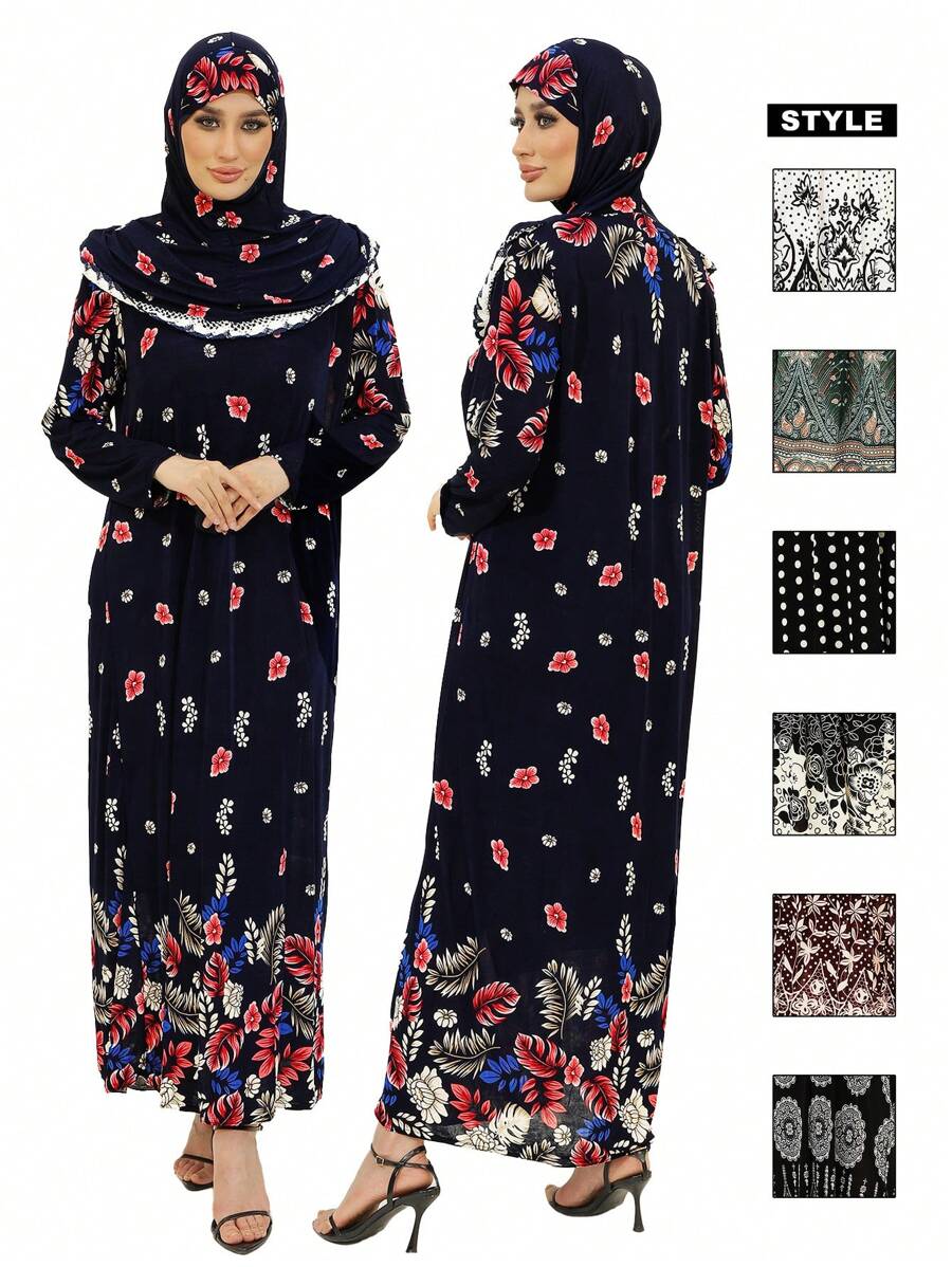 端莊的穆斯林長袍和長袍，適合女性穿著 |迪拜和摩洛哥風格的帶頭巾 |適合禮拜、家庭和戶外活動的穆斯林祈禱衣和朝覲必備品，休閒風格 - 頭巾+連身裙合體 - 查看 1