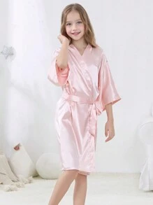 Girls' Comfortable Soft Japanese Style Small V-Neck 3/4 Sleeve Solid Color With Belt Knee-Length Nightgown, Loungewear, Morning Robe - Baby Pink - View 5