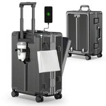 Airline Approved Carry On Luggage With Spinner Wheels, Aluminum Framed Carry On Suitcase With Front Open Laptop Compartment Pocket 22 Inch Large Checked-In Luggage - Black - View 1