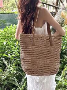 夏季大容量草编包女2025新款时尚通勤单肩包沙滩手提包编织包 - 棕色 - 查看 5