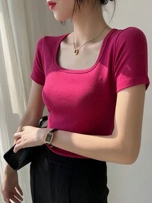 Camiseta de Manga Corta para Mujer Casual, Camisa de Algodón de Manga Corta para Mujer, Blusa Top para Dama con Cuello Cuadrado de Verano, Playeras para Mujer Básica Algodón, blusa dama casual, blusas de mujer, blusas elegantes,  blusas escotadas, blusas basicas mujer - Rosa Fucsia - Ver 4